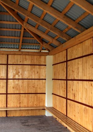 Wooden frame of new roof from inside. Construction framework.